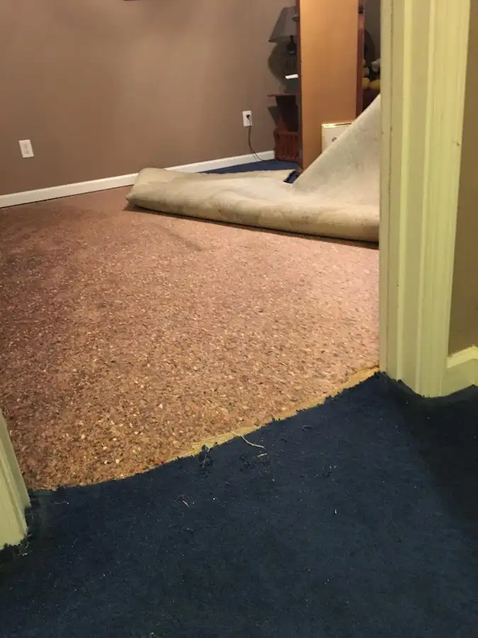 Carpet pad removal revealing water damage during Drying & Dehumidification in Hayesville